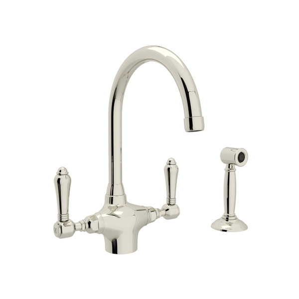 San Julio Single Hole C-Spout Kitchen Faucet with Sidespray - Polished Nickel with Metal Lever Handle | Model Number: A1676LMWSPN-2 - Product Knockout