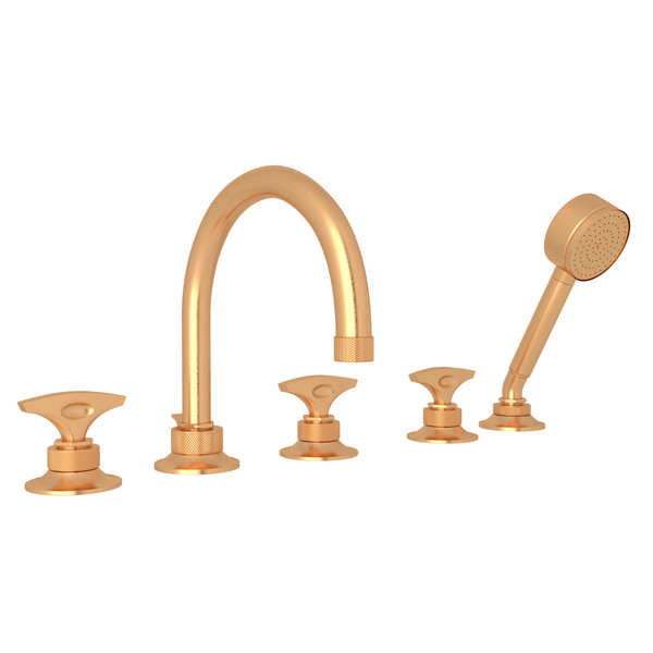 Graceline 5-Hole Deck Mount Tub Filler - Satin Gold with Metal Dial Handle | Model Number: MB2050DMSG - Product Knockout