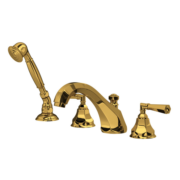 Palladian 4-Hole Deck Mount Tub Filler with Handshower - Unlacquered Brass | Model Number: A1904LMULB | DISCONTINUED - Effective February 1, 2025 or until inventory depletion