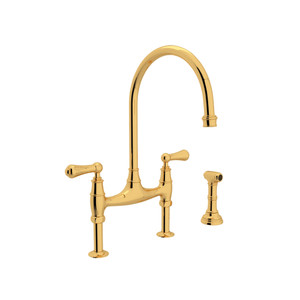 Georgian Era Bridge Kitchen Faucet with Sidespray - Unlacquered Brass with Metal Lever Handle | Model Number: U.4719L-ULB-2 - Product Knockout
