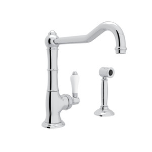 Cinquanta Single Hole Column Spout Kitchen Faucet with Sidespray and Extended Spout - Polished Chrome with White Porcelain Lever Handle | Model Number: A3650/11LPWSAPC-2 - Product Knockout
