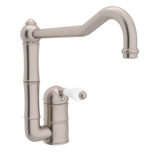 Acqui Single Hole Column Spout Kitchen Faucet with Extended Spout - Satin Nickel with White Porcelain Lever Handle | Model Number: A3608/11LPSTN-2 - Product Knockout