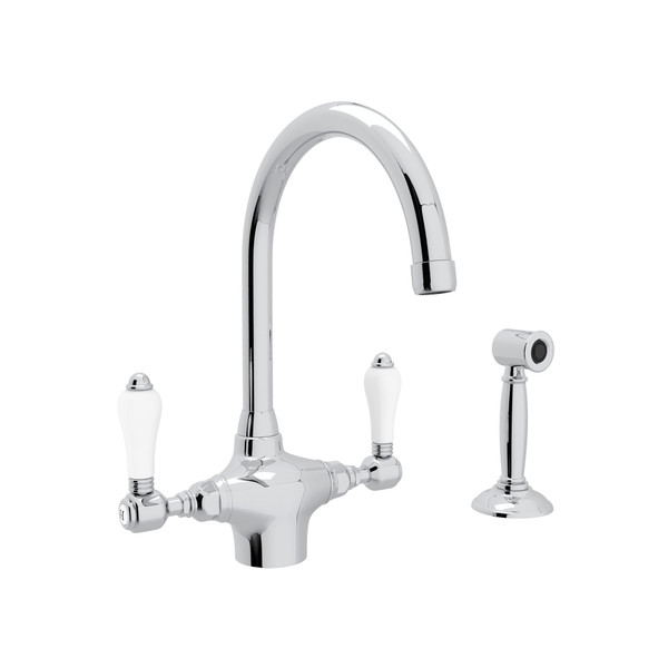 San Julio Single Hole C-Spout Kitchen Faucet with Sidespray - Polished Chrome with White Porcelain Lever Handle | Model Number: A1676LPWSAPC-2 - Product Knockout