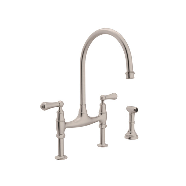 Georgian Era Bridge Kitchen Faucet with Sidespray - Satin Nickel with Metal Lever Handle | Model Number: U.4719L-STN-2 - Product Knockout