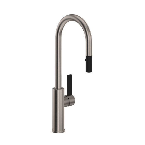 Tuario Pulldown Bar and Food Prep Faucet - C Spout - Satin Nickel with Matte Black Accents with Lever Handle | Model Number: TR65D1LBSTN - Product Knockout