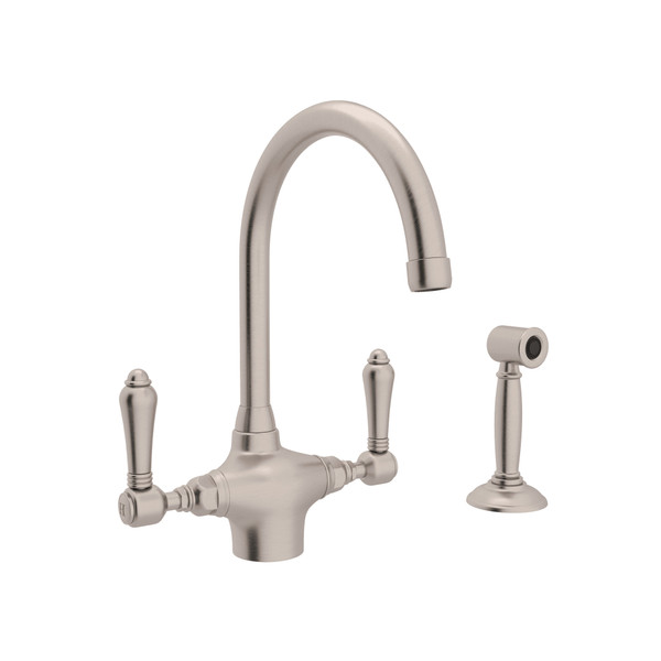 San Julio Single Hole C-Spout Kitchen Faucet with Sidespray - Satin Nickel with Metal Lever Handle | Model Number: A1676LMWSSTN-2 - Product Knockout