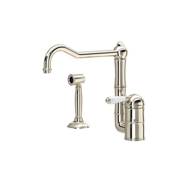 Acqui Single Hole Column Spout Kitchen Faucet with Sidespray - Polished Nickel with White Porcelain Lever Handle | Model Number: A3608LPWSPN-2 - Product Knockout