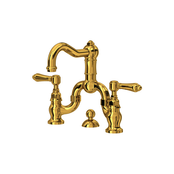 Acqui Deck Mount Bridge Bathroom Faucet - Unlacquered Brass with Metal Lever Handle | Model Number: A1419LMULB-2 - Product Knockout