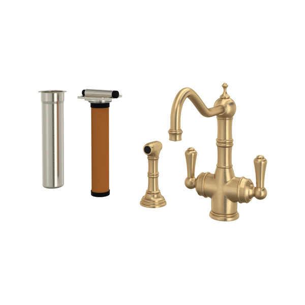 Edwardian Filtration 2-Lever Kitchen Faucet with Sidespray - Satin English Gold with Metal Lever Handle  | Model Number: U.KIT1570LS-SEG-2 - Product Knockout