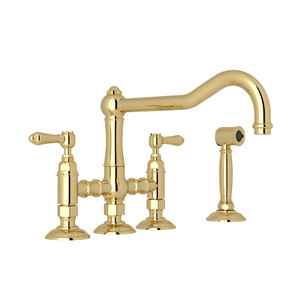 Acqui Deck Mount Column Spout 3 Leg Bridge Kitchen Faucet with Sidespray - Unlacquered Brass with Metal Lever Handle | Model Number: A1458LMWSULB-2 - Product Knockout