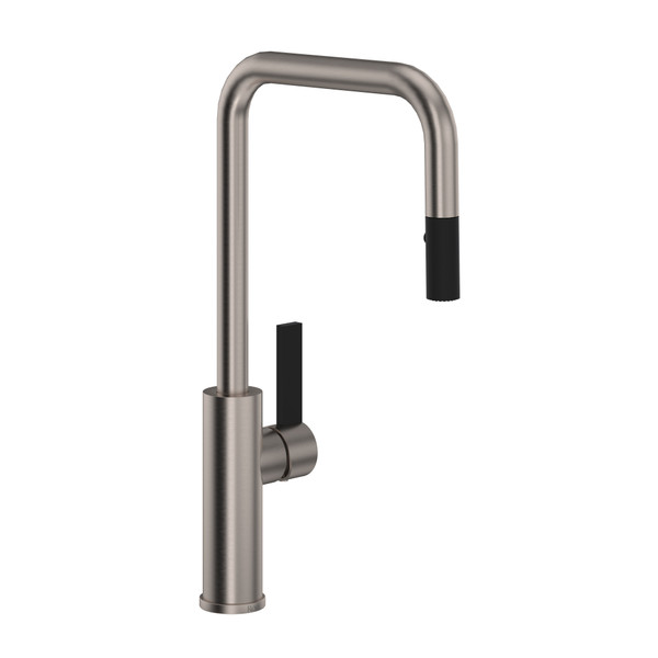 Tuario Pulldown Faucet - U Spout - Satin Nickel with Matte Black Accents with Lever Handle | Model Number: TR56D1LBSTN - Product Knockout