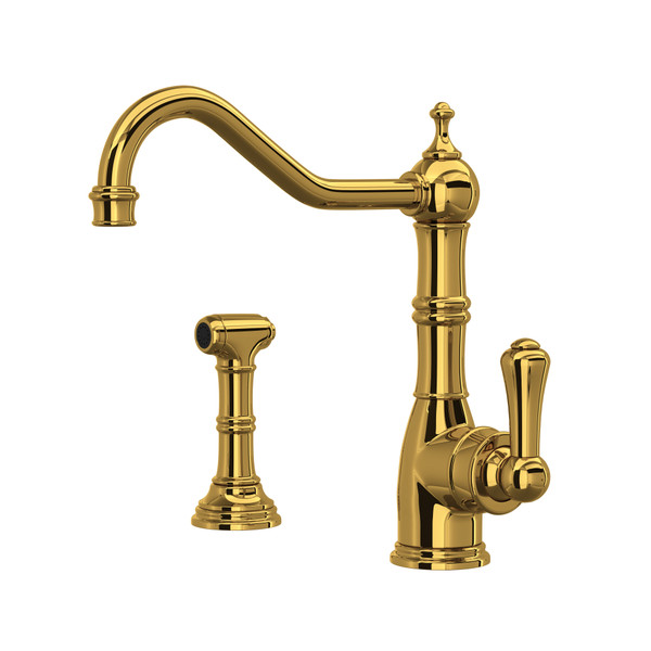 Edwardian Single Lever Single Hole Kitchen Faucet with Sidespray - Unlacquered Brass with Metal Lever Handle | Model Number: U.4746ULB-2 - Product Knockout