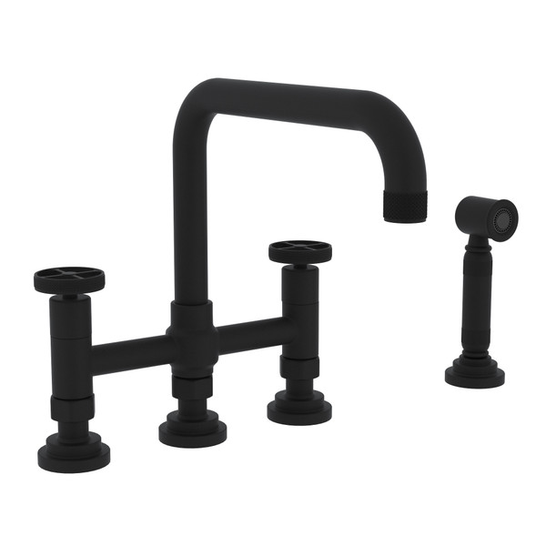 Campo Deck Mount U-Spout 3 Leg Bridge Faucet with Sidespray - Matte Black with Industrial Metal Wheel Handle | Model Number: A3358IWWSMB-2 - Product Knockout