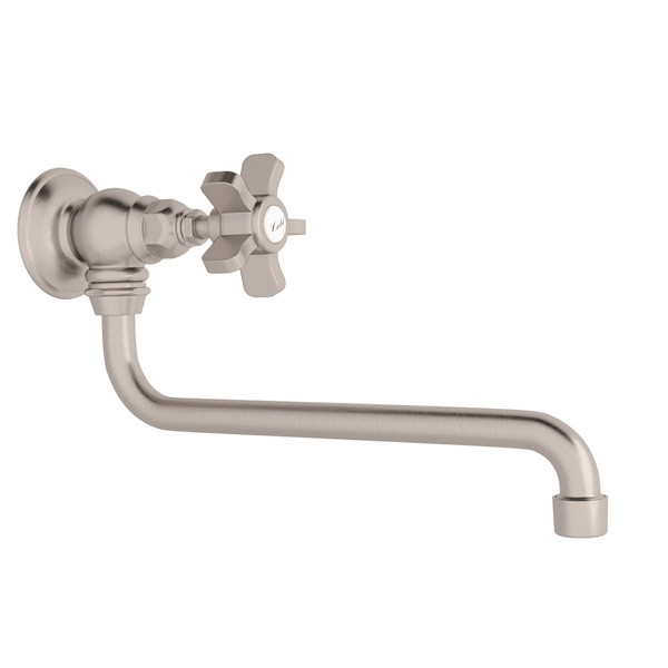 Wall Mount 11 3/4 Inch Reach Pot Filler - Satin Nickel with Five Spoke Cross Handle | Model Number: A1445XSTN-2 - Product Knockout