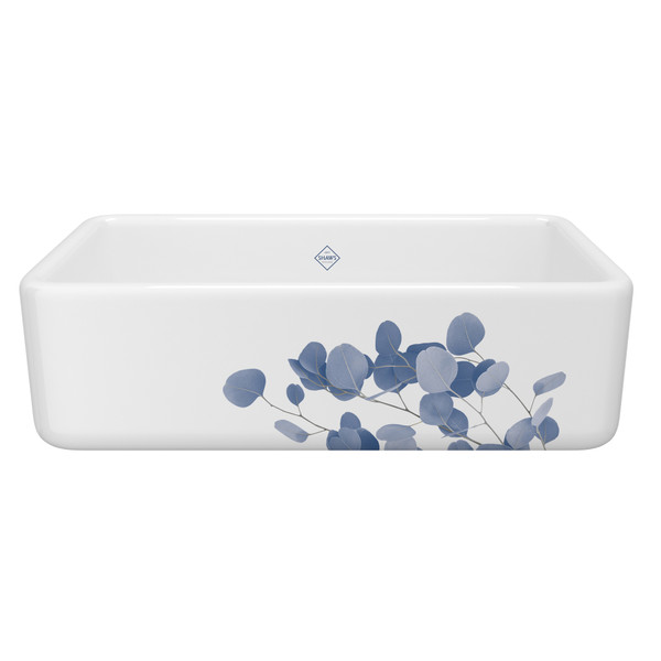 33 Inch Lancaster Single Bowl Farmhouse Apron Front Fireclay Kitchen Sink With Eucalyptus Design - White With Design | Model Number: RC3318WHECBS - Product Knockout