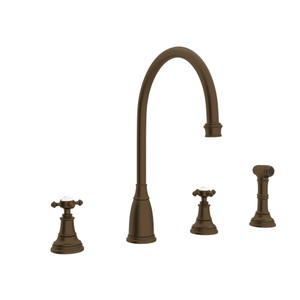 Georgian Era 4-Hole C-Spout Kitchen Faucet with Sidespray - English Bronze with Cross Handle | Model Number: U.4735X-EB-2 - Product Knockout