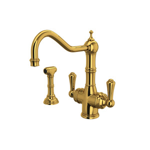 Edwardian Filtration 2-Lever Kitchen Faucet with Sidespray - Unlacquered Brass with Metal Lever Handle | Model Number: U.1570LS-ULB-2 - Product Knockout