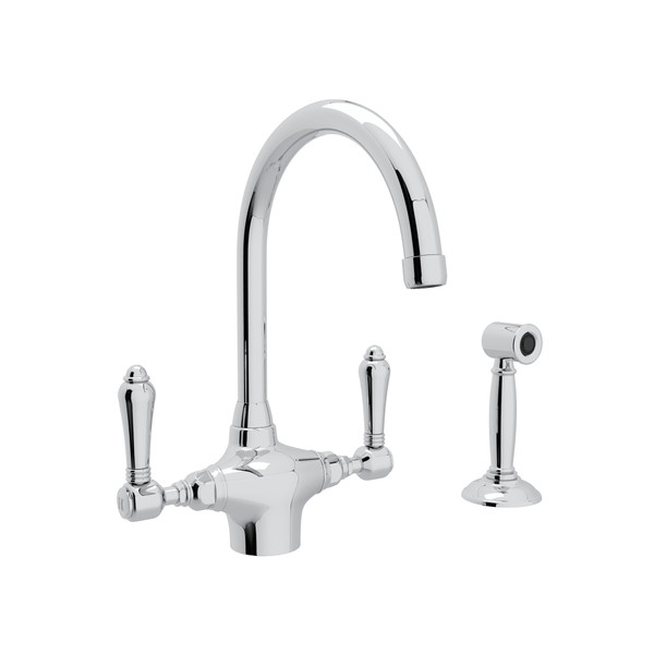 San Julio Single Hole C-Spout Kitchen Faucet with Sidespray - Polished Chrome with Metal Lever Handle | Model Number: A1676LMWSAPC-2 - Product Knockout