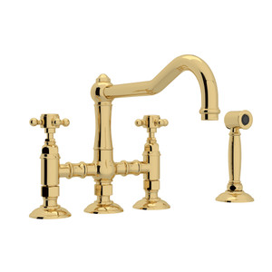 Acqui Deck Mount Column Spout 3 Leg Bridge Kitchen Faucet with Sidespray - Unlacquered Brass with Cross Handle | Model Number: A1458XMWSULB-2 - Product Knockout