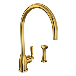 Holborn Single Hole Kitchen Faucet with C Spout and Sidespray - Unlacquered Brass with Metal Lever Handle | Model Number: U.4846LS-ULB-2 - Product Knockout