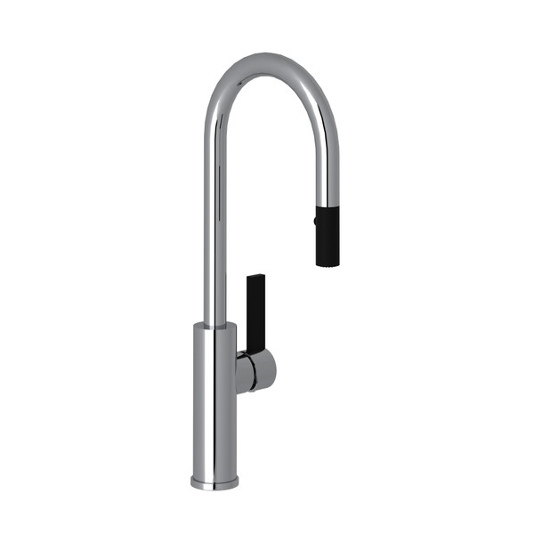 Tuario Pulldown Bar and Food Prep Faucet - C Spout - Polished Chrome with Matte Black Accents with Lever Handle | Model Number: TR65D1LBAPC - Product Knockout
