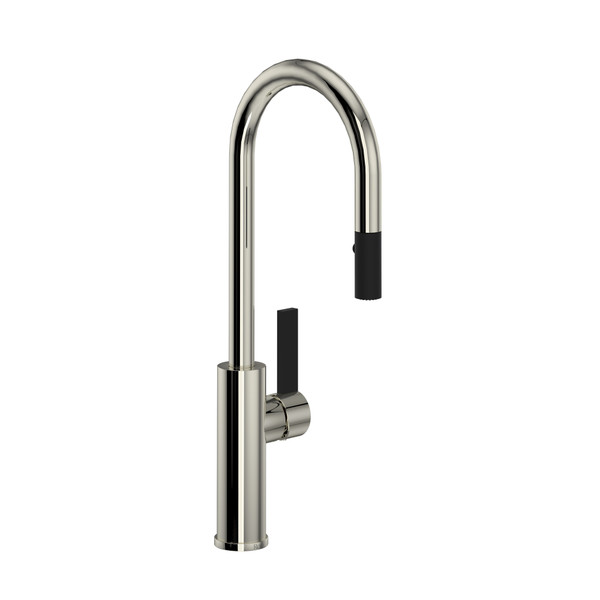 Tuario Pulldown Bar and Food Prep Faucet - C Spout - Polished Nickel with Matte Black Accents with Lever Handle | Model Number: TR65D1LBPN - Product Knockout