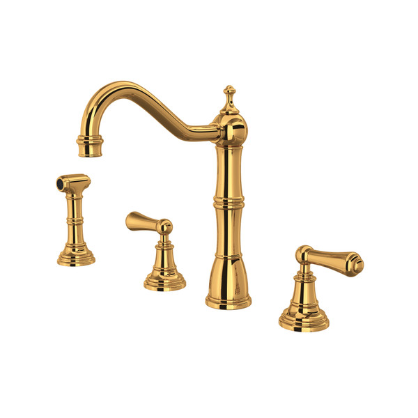 Edwardian 4-Hole Kitchen Faucet with Sidespray - English Gold with Metal Lever Handle | Model Number: U.4776L-EG-2 - Product Knockout