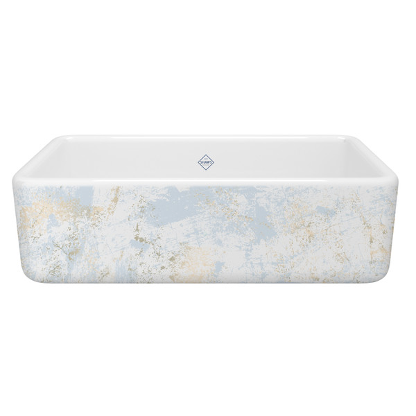 33 Inch Lancaster Single Bowl Farmhouse Apron Front Fireclay Kitchen Sink With Patina Design - White With Design | Model Number: RC3318WHPTBG - Product Knockout
