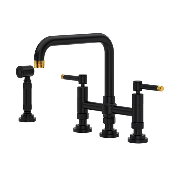 Campo Deck Mount U-Spout 3 Leg Bridge Faucet with Sidespray - Matte Black and Unlacquered Brass | Model Number: A3358ILWSMBU-2 - Product Knockout