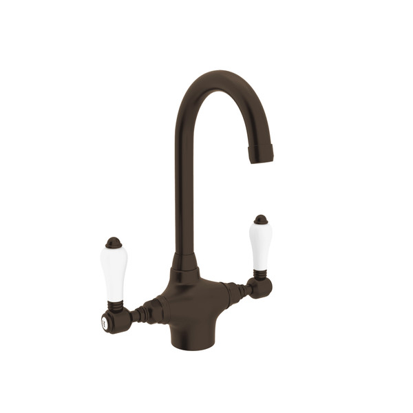 San Julio Single Hole C-Spout Bar and Food Prep Faucet - Tuscan Brass with White Porcelain Lever Handle | Model Number: A1667LPTCB-2 - Product Knockout