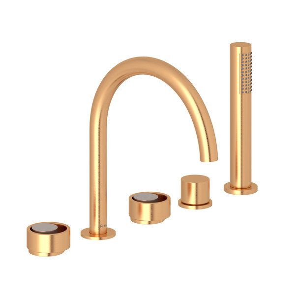Eclissi 5-Hole Deck Mount Tub Filler - C-Spout - Satin Gold with Satin Nickel Accent with Circular Handle | Model Number: EC06D5IWSGN - Product Knockout