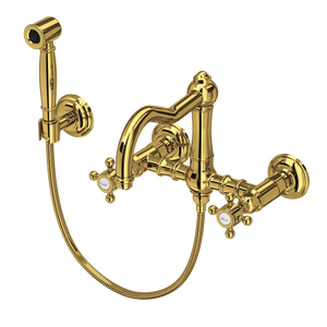 Acqui Wall Mount Bridge Kitchen Faucet With Sidespray And Column Spout - Unlacquered Brass | A1456XMWSULB-2