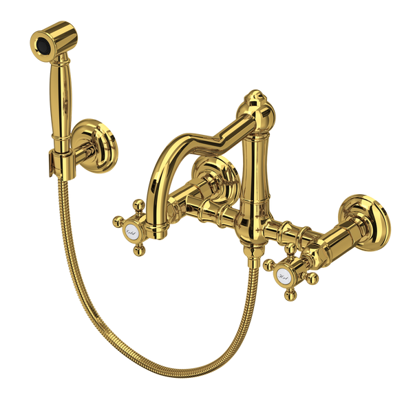 Acqui Wall Mount Bridge Kitchen Faucet With Sidespray And Column Spout - Unlacquered Brass | A1456XMWSULB-2