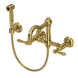 Acqui Wall Mount Bridge Kitchen Faucet With Sidespray And Column Spout - Unlacquered Brass | A1456LMWSULB-2