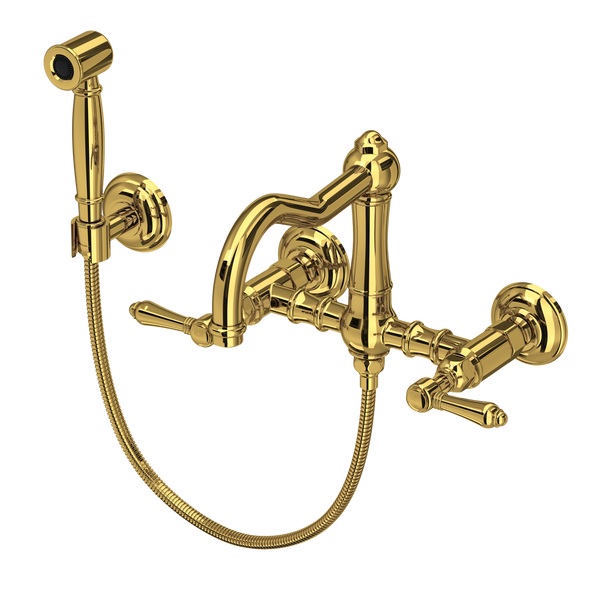 Acqui Wall Mount Bridge Kitchen Faucet With Sidespray And Column Spout - Unlacquered Brass | A1456LMWSULB-2